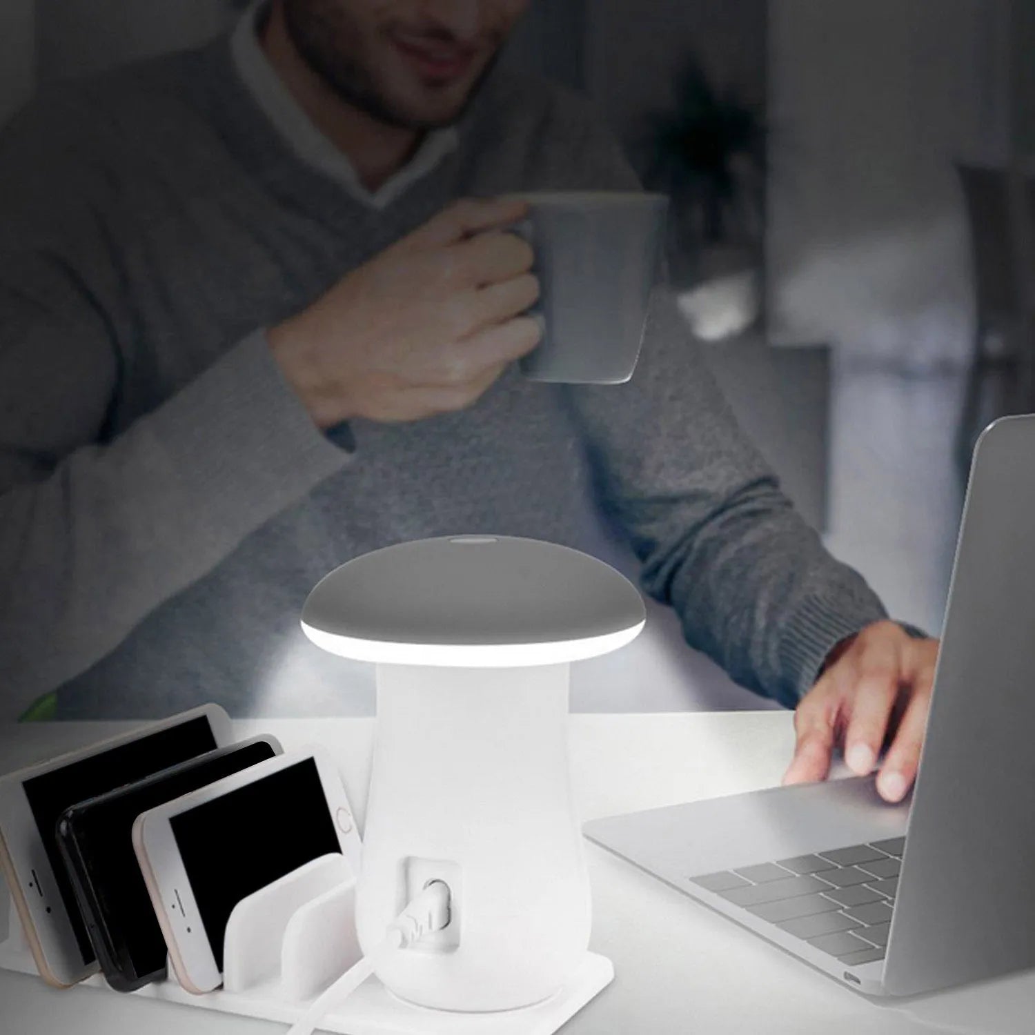 White mushroom-shaped USB charging station with LED light and five charging ports