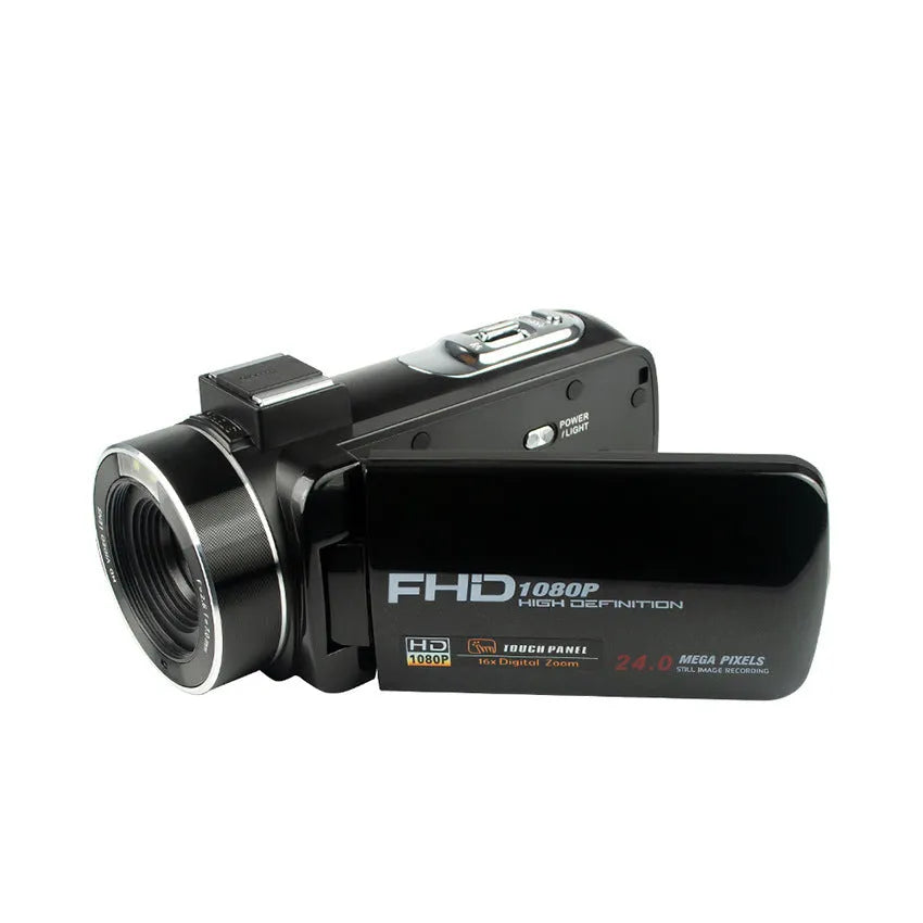 Black HD digital camera body, no lens and no microphone included, compact point-and-shoot design