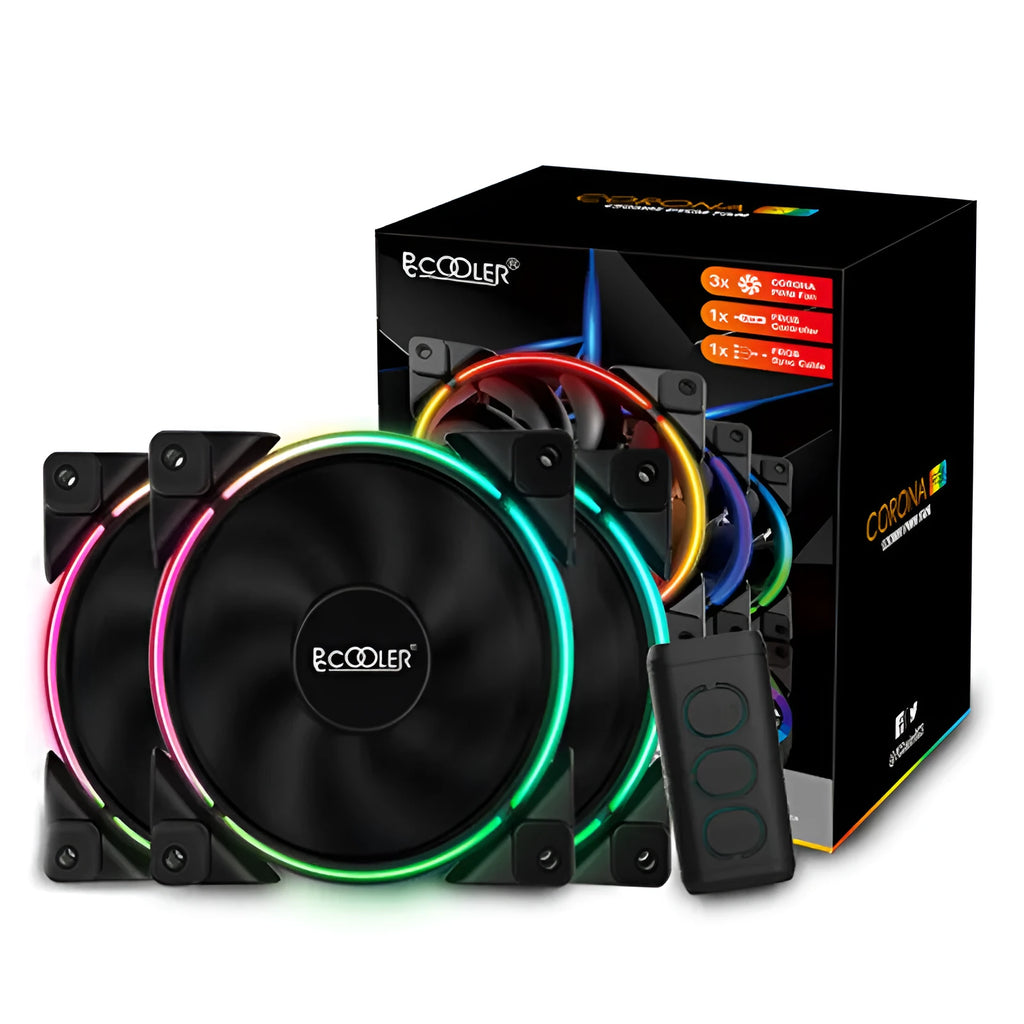 Three black 120mm RGB cooling fans for PC case airflow