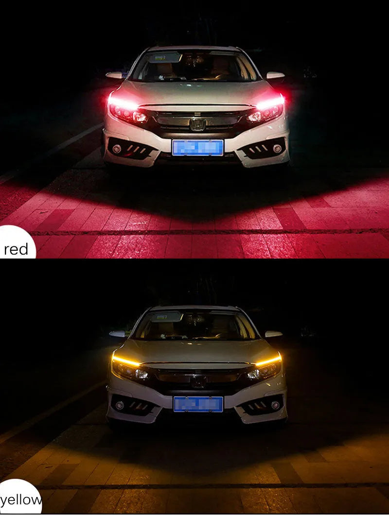 Flexible silicone car LED light strip for daytime running and flowing turn signals, showing wire connections.