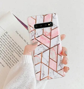 Electroplated marble pattern TPU back cover case for a Huawei or Samsung smartphone.