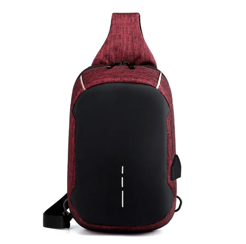 Dark blue Oxford cloth chest bag with zipper and adjustable strap, shown front-on.
