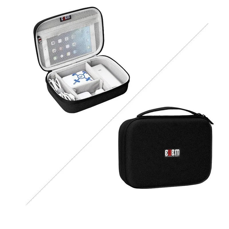 Black EVA digital storage bag for organising headphones and cables on a desk