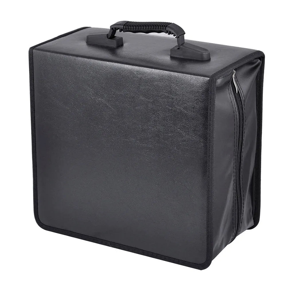 Black oxford fabric CD DVD storage organiser with hand strap and zipper closure