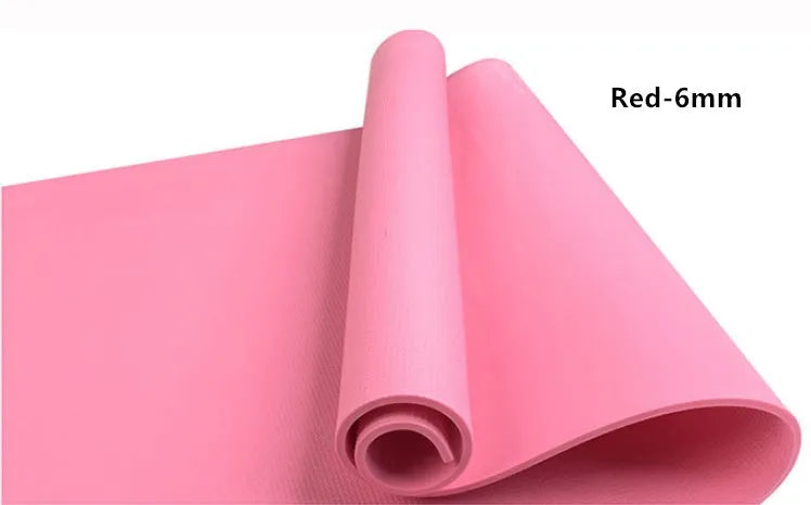 Red EVA fitness yoga mat with rolled black mat beside it, showing thickness options of 4mm and 6mm.