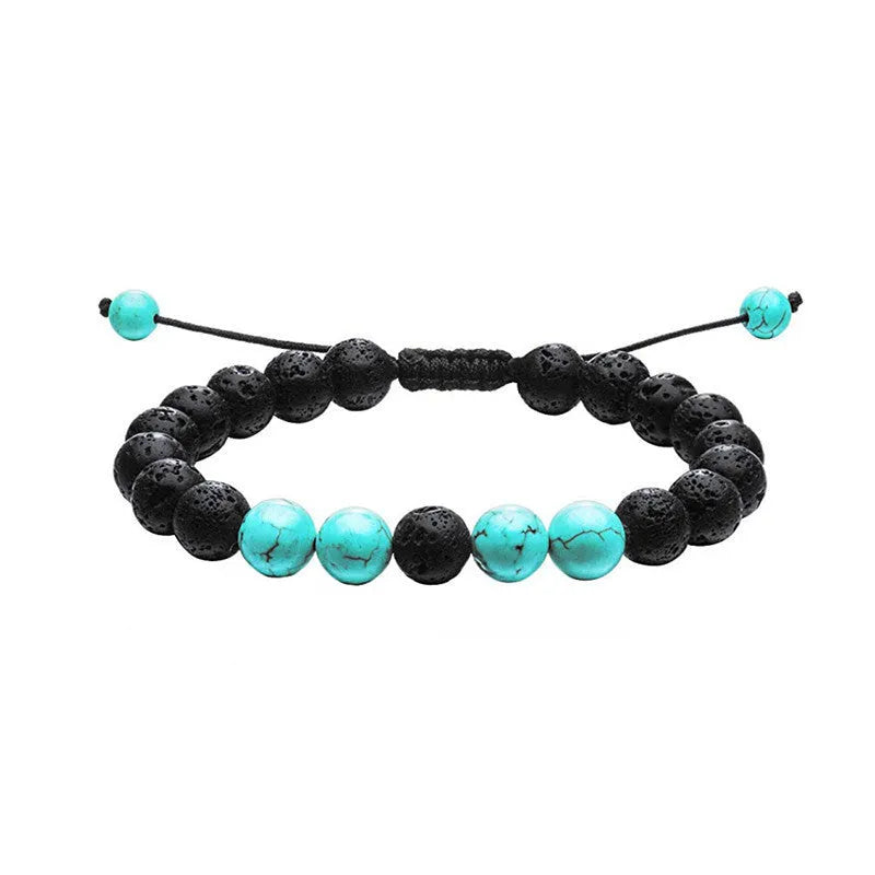 Geometric agate couple bracelets in tiger eye and matte black beads.