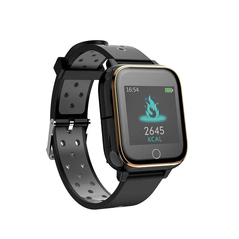 Black smart watch bracelet with integrated Bluetooth earbuds stored in watch case showing 1.4 inch touchscreen