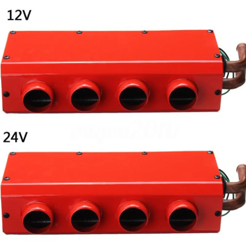 Metal car heater unit with copper pipe radiator and electrical connections for 12V 24V vehicle systems.