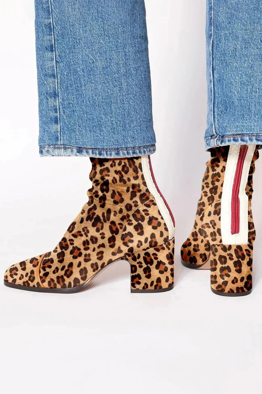 High heel square toe suede Martin boots, chunky heel, back zipper, leopard print, low-cut, women's size 34-43