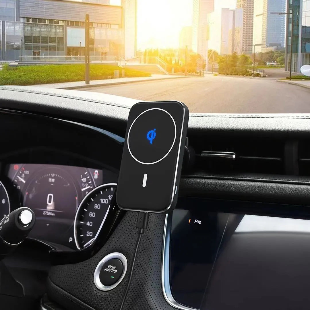 Black M6 magnetic wireless car charger bracket mounted on dashboard with phone attached
