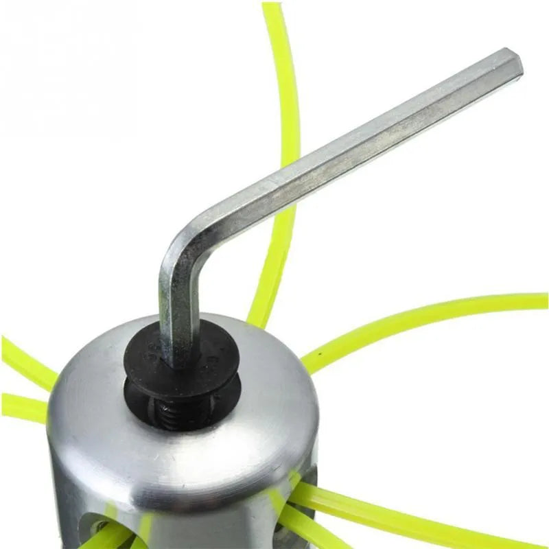 Silver aluminium Luzhu lawn mower grass head accessory with four square light yellow grass lines and a wrench.