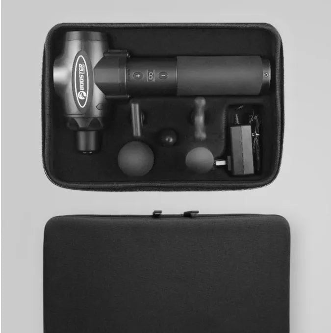 Black and white handheld muscle massager with adjustable speed control