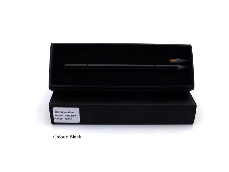Inkless Metal Pen in silver, gold, rose gold, black, and blue finishes with spare nib and pen bag
