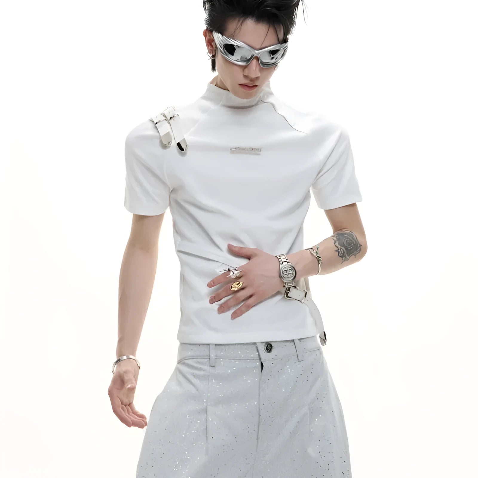 Men's slim fit cotton T-shirt with small stand-up collar and short sleeves in black colour