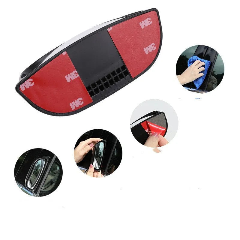Black universal wide angle car mirror with white text, dimensions 126mm by 48mm.