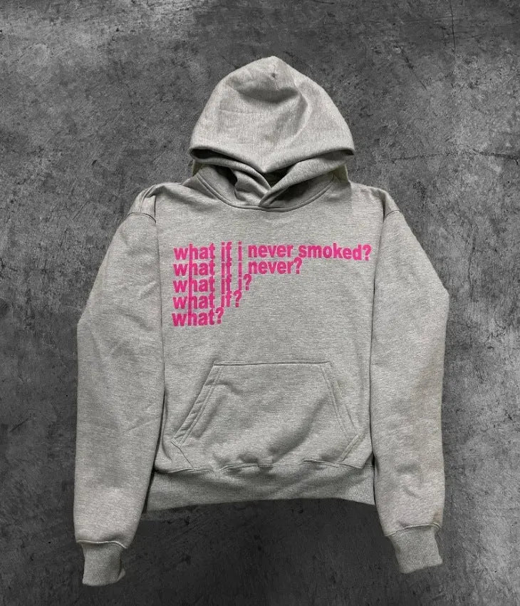 Black and grey heavy hooded sweater with printed letter graphics, showing front view with hood up