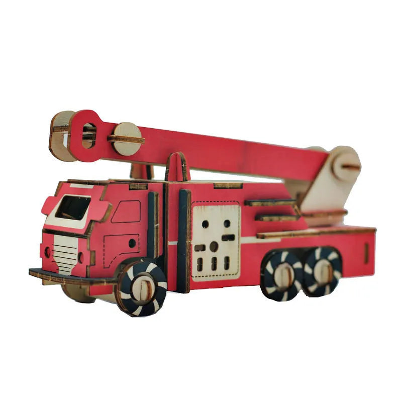3D wooden puzzle kit showing a Ferrari style model with interlocking pieces on a table