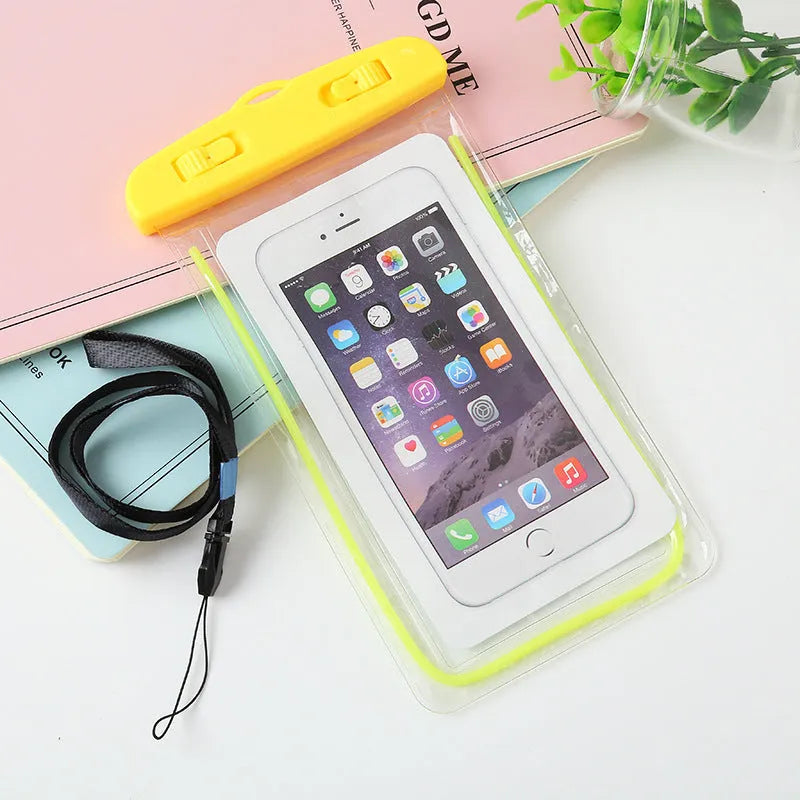 Glow-in-the-dark waterproof phone bag in PVC and ABS, 19x10.5cm, for outdoor rain protection
