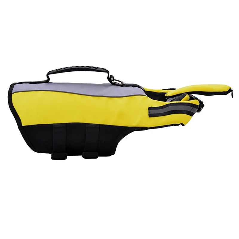Fluorescent yellow pet reflective airbag nylon life jacket with reflective strips on a dog near water