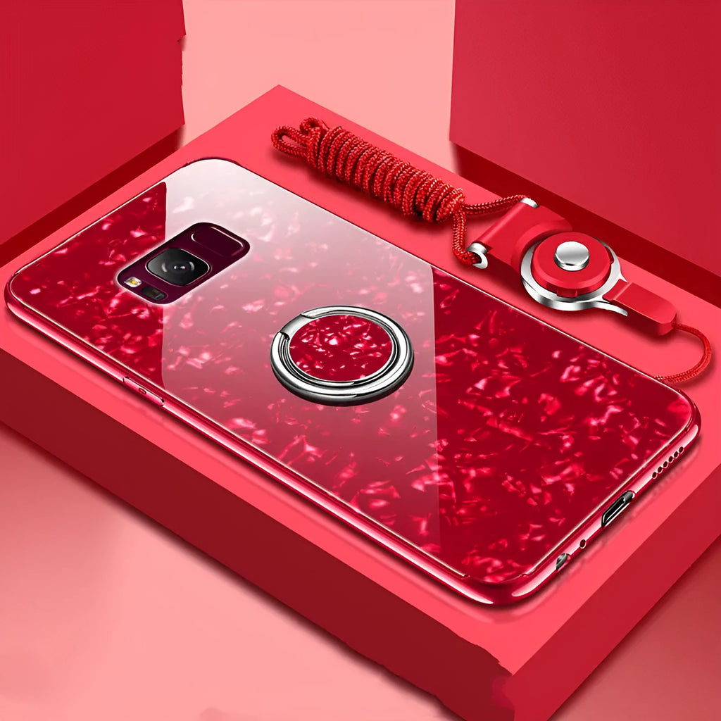 Tempered glass phone case for Samsung S8 and S9 in black, pink, red, and white colours.