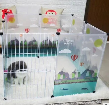 Pet transparent fence with six clear plastic panels arranged as a barrier on a wooden floor, showing interlocking connectors