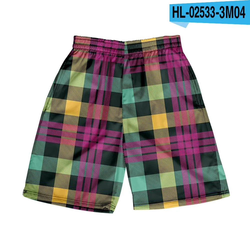 Man wearing straight-leg plaid shorts with an elastic waistband on a beach, showing one of twenty available colour variations.