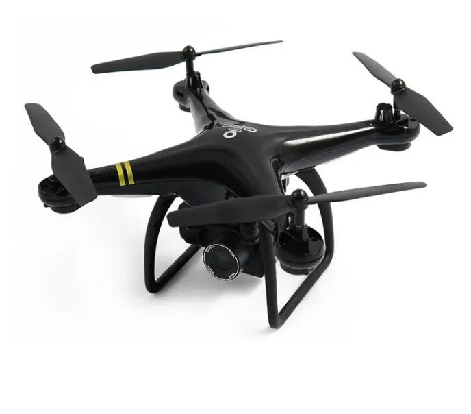 Black 5G GPS camera drone with four rotor arms and high-definition lens on a white background