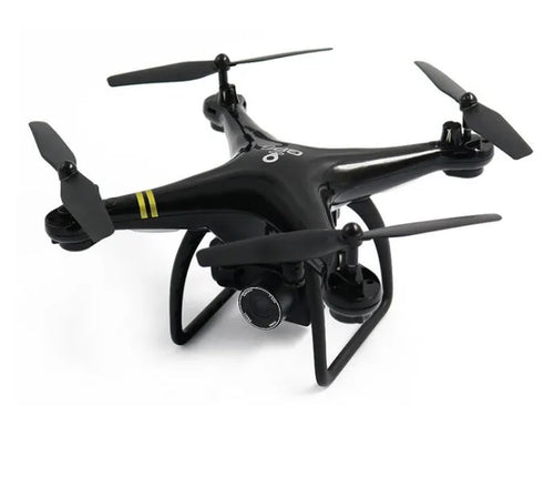 Black 5G GPS camera drone with four rotor arms and high-definition lens on a white background