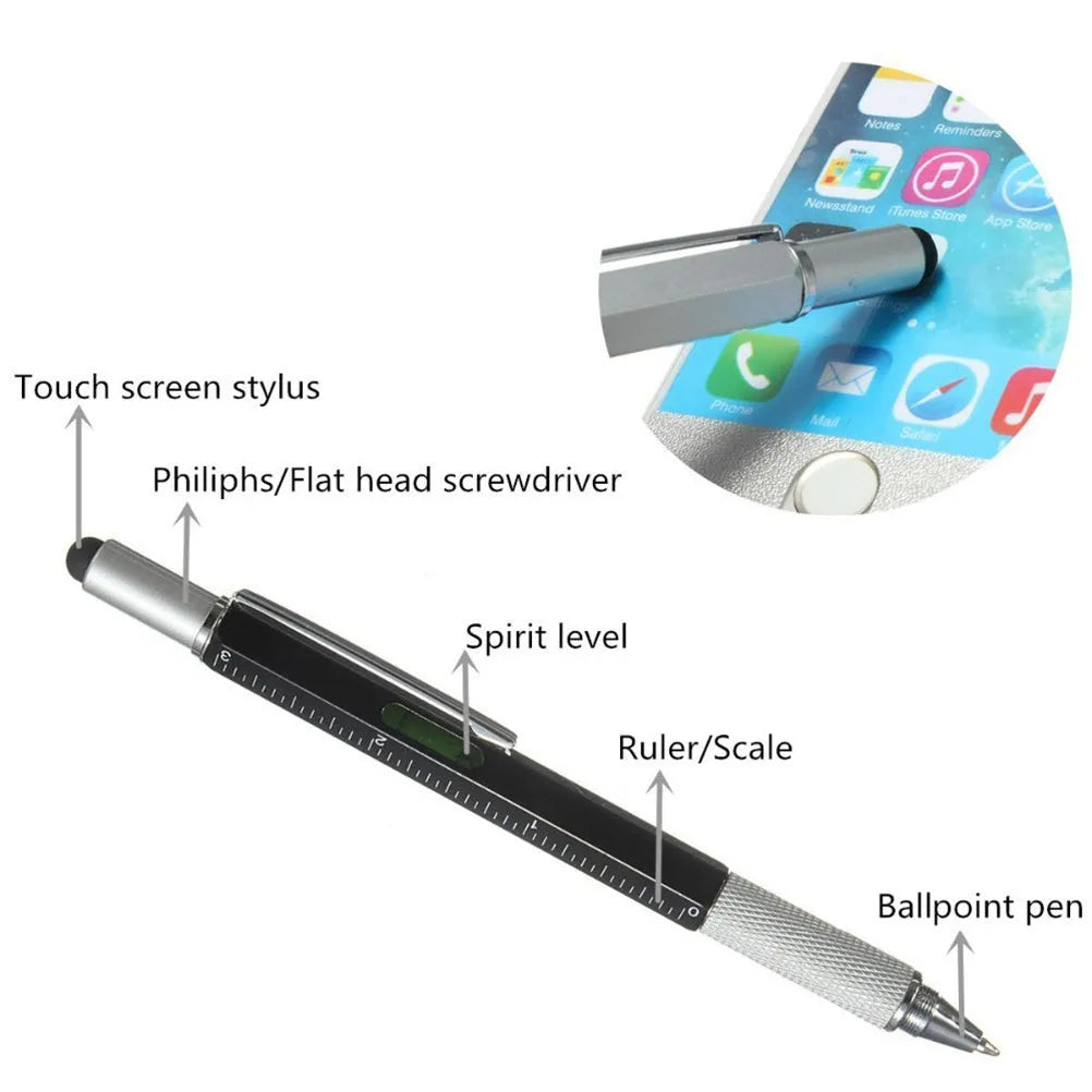 6 in 1 multi-function touch screen stylus ballpoint pen with screwdriver tips and spirit level in black