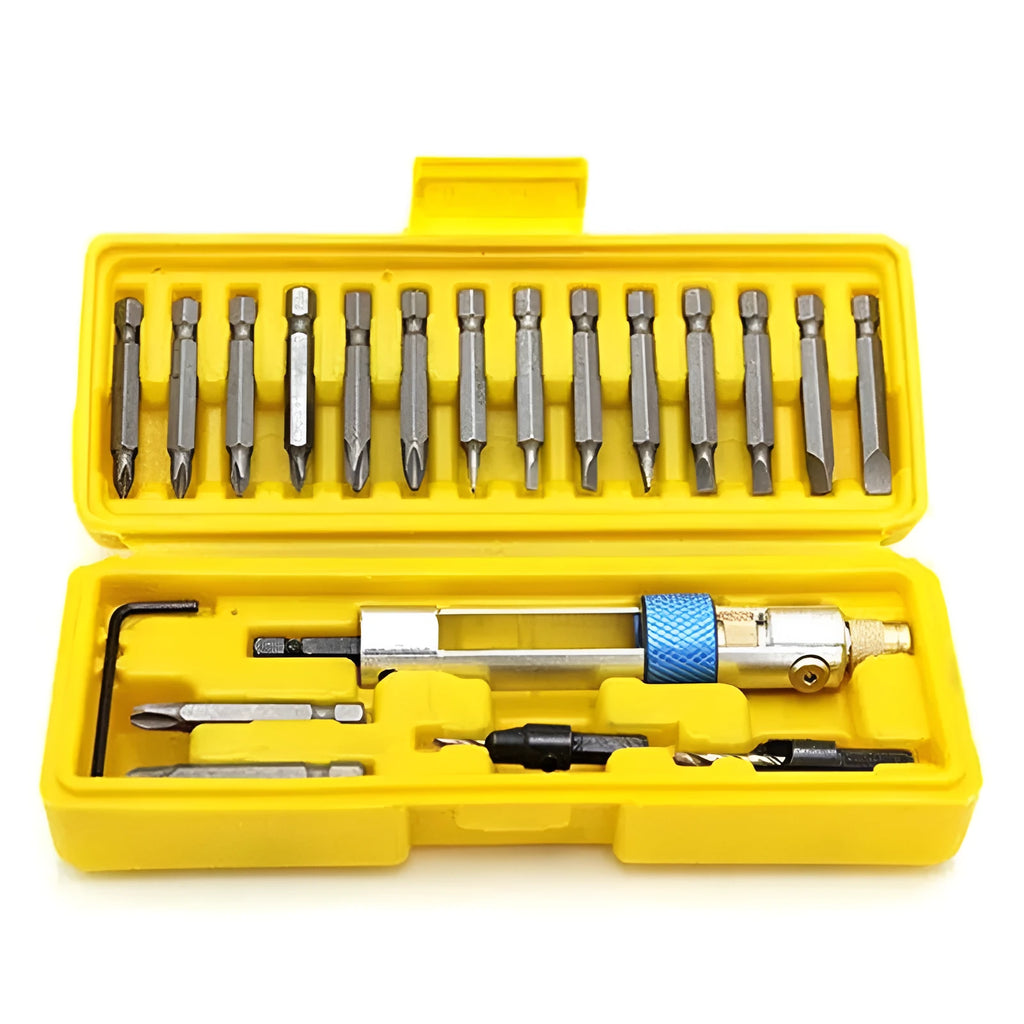 Half Time Drill swivel head attachment set with Phillips, flathead, and countersink steel bits for power drill.