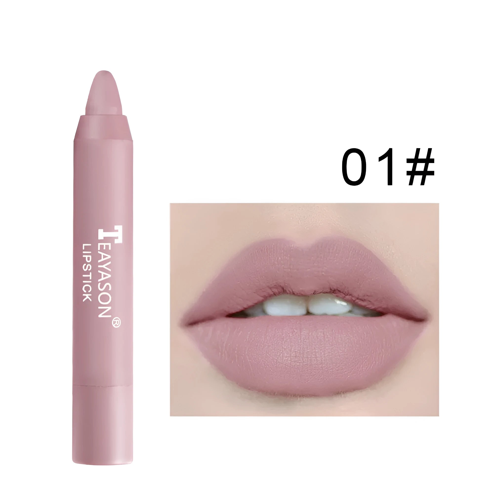 Matte rotating lipstick pen with 12 colour shades in compact 1.8 x 1.8 x 11 cm packaging