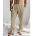 Men's light grey cotton-linen summer trousers with elastic waistband and straight leg design