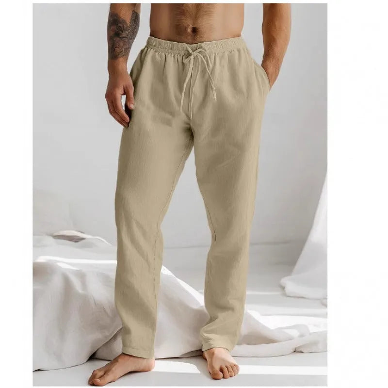 Men's light grey cotton-linen summer trousers with elastic waistband and straight leg design