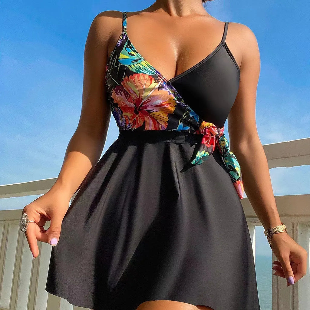 Black women's high-waist printed split bikini briefs for swimming and sport activities