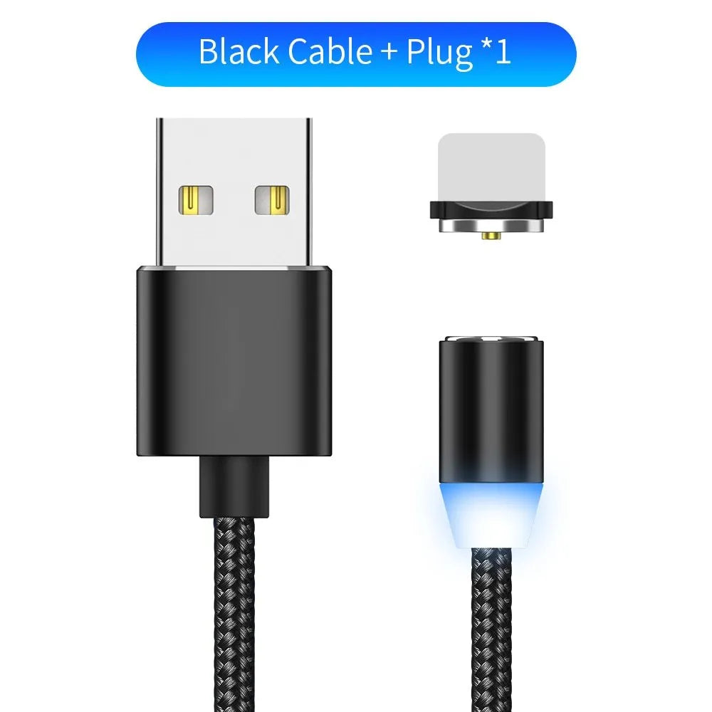 Black magnetic LED charging cable with aluminium shell and woven texture, showing LED light and connector.