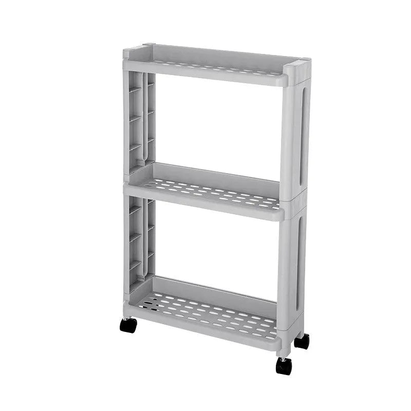 Plastic kitchen storage rack with wheels, multi-layer, narrow gap design, white colour