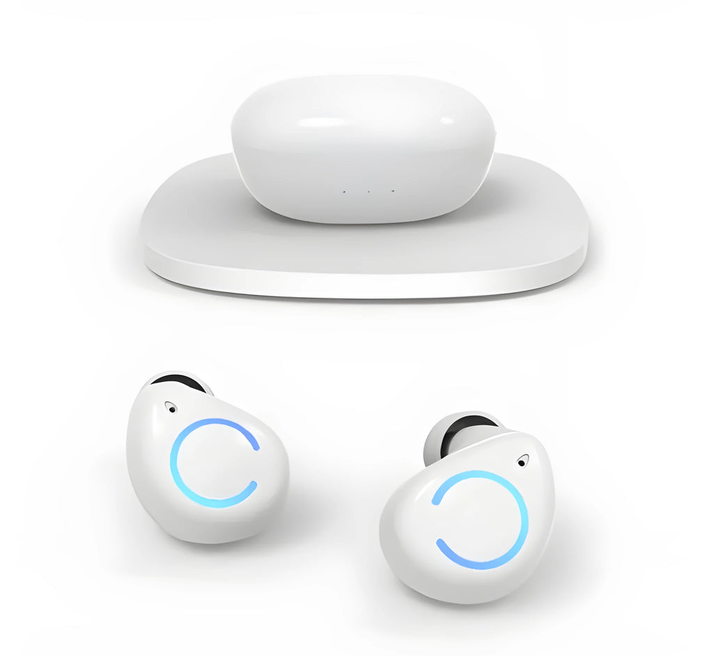 M18 true wireless stereo headset in black and white colour options showing earpieces and charging case
