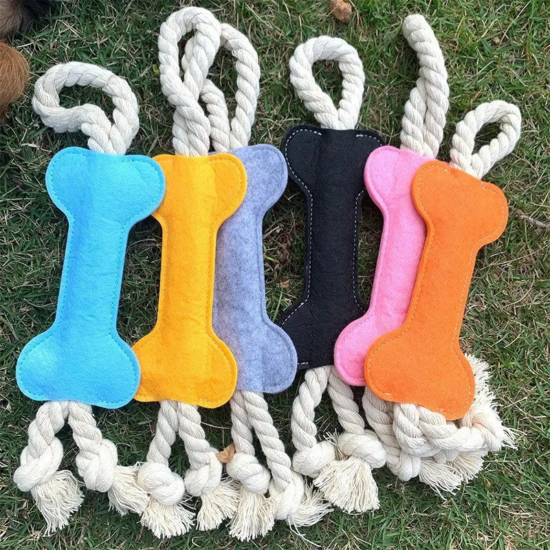 Felt bone shaped dog toy with rope knots in blue colour showing dimensions