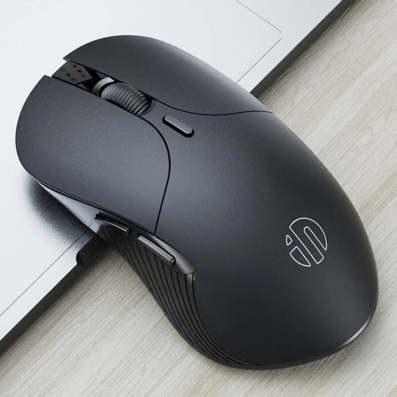 Black wireless voice mouse with six buttons, measuring 123x35x65.5mm
