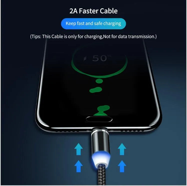 Black magnetic LED charging cable with aluminium shell and woven texture, showing LED light and connector.