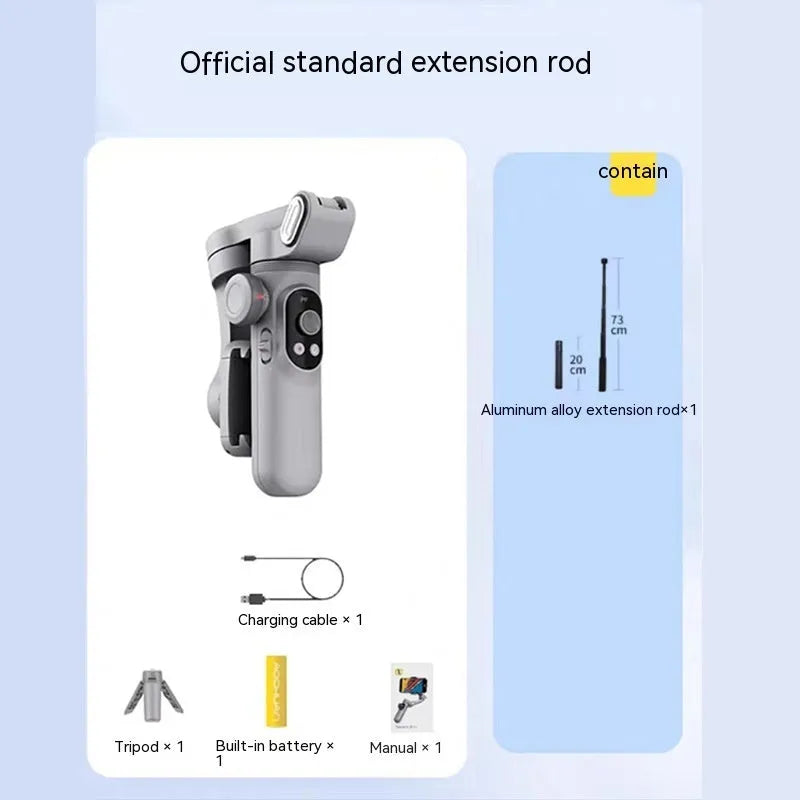 Silver grey smartphone gimbal stabiliser with extended arms and Bluetooth remote on a black background.