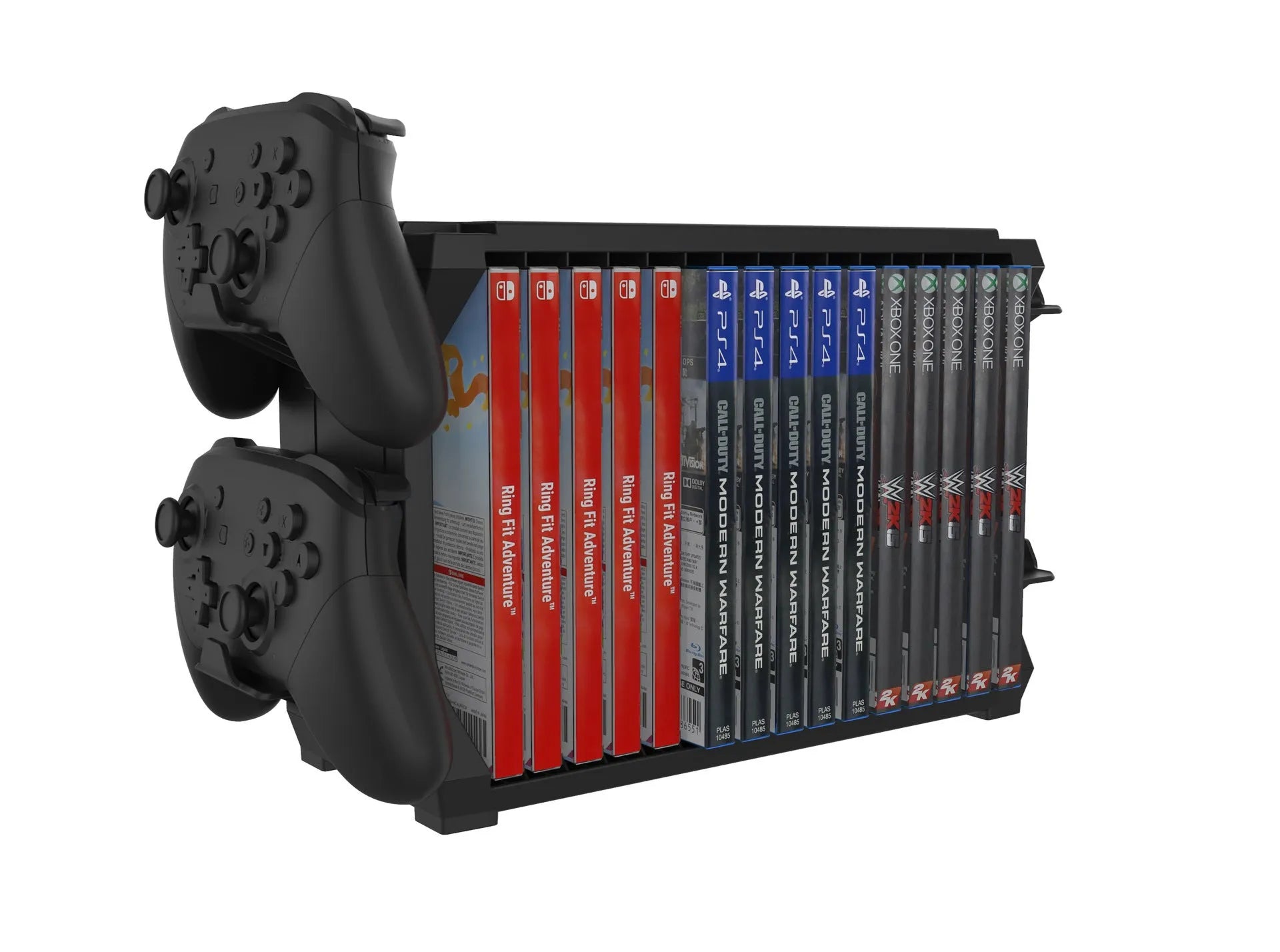 Black PS5 and Xbox Series X disc holder with game cartridge slots and controller storage
