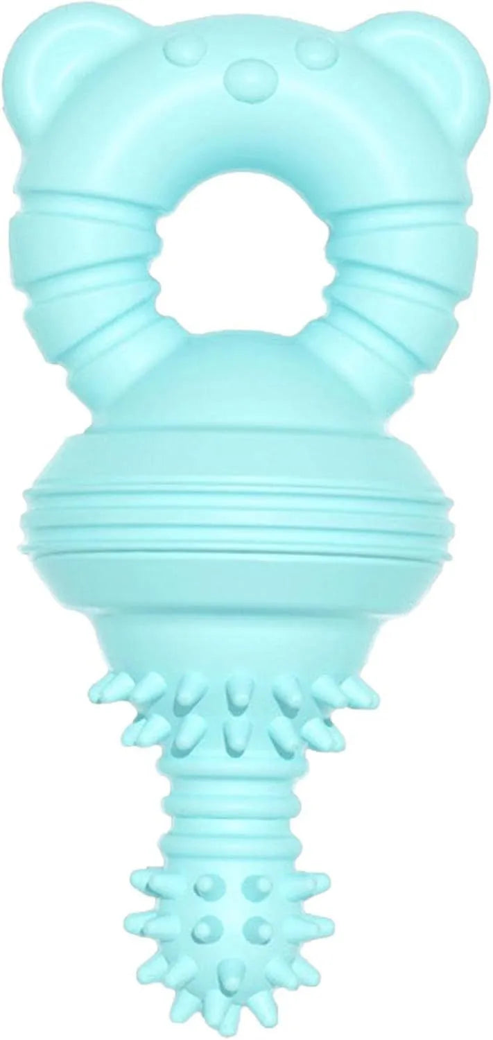 Blue rubber dog chew toy with concave-convex texture and a bell, for aggressive chewers and teeth cleaning.