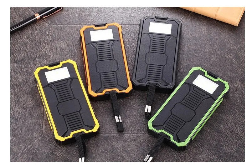 A solar power bank in black, green, orange or yellow, showing solar panel and compact 161x79x17mm size.