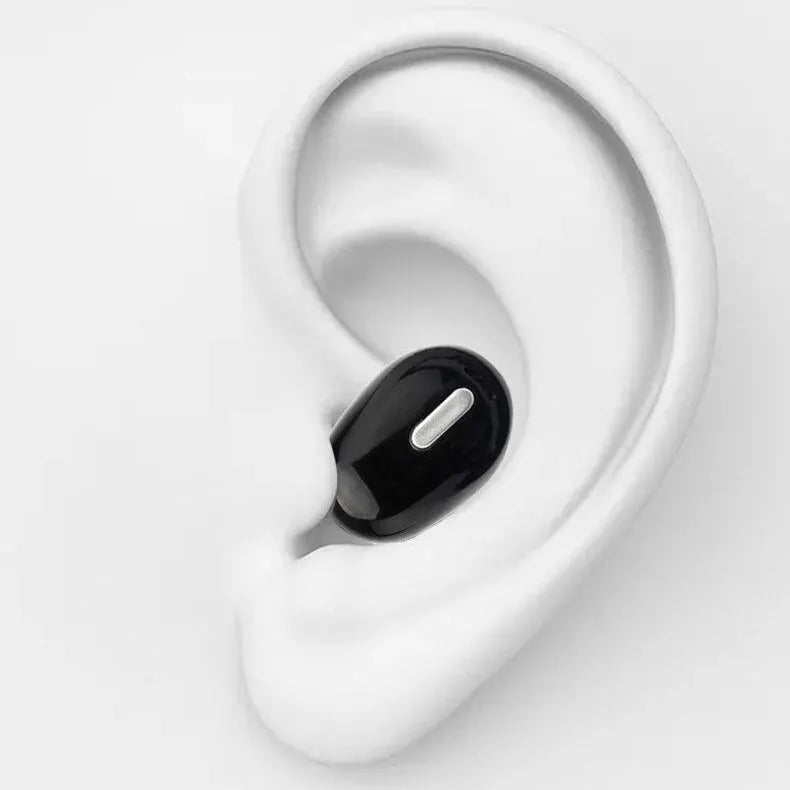 X9 single-ear Bluetooth earpiece in black or white bare metal with earplug-style design