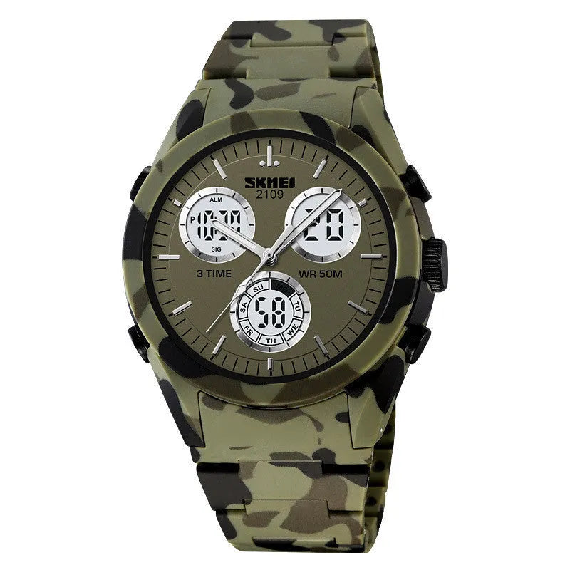 Unisex digital watch with camouflage strap and resin lens, showing time display and stainless steel buttons.