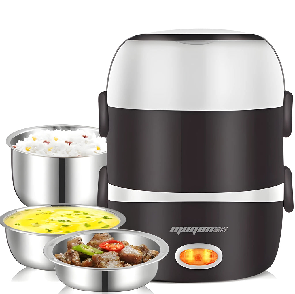 White 2L capacity rice cooker with stainless steel pot on a kitchen countertop
