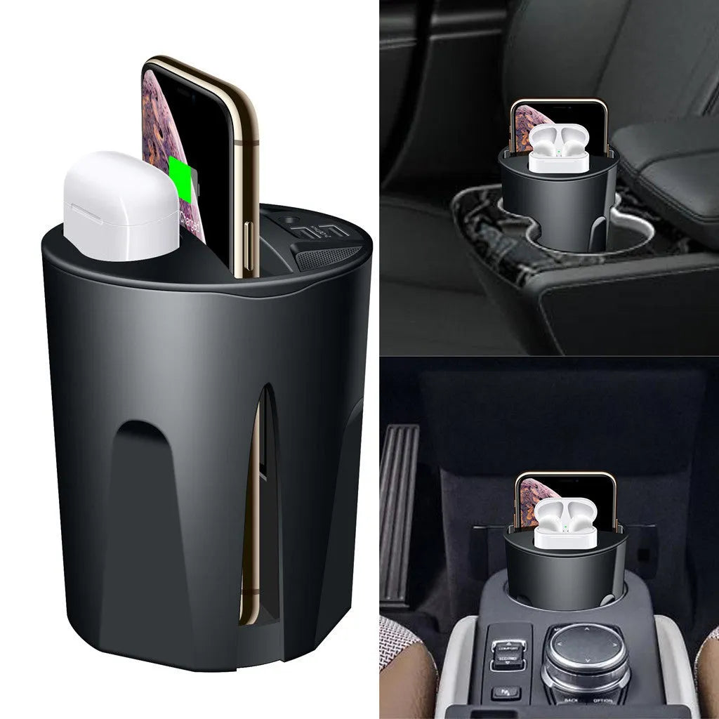 Black car wireless charging cup with detachable base stand for QI smartphones.