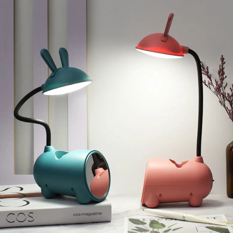 Cartoon desktop lamp with pen container in green, dark blue, or pink colours