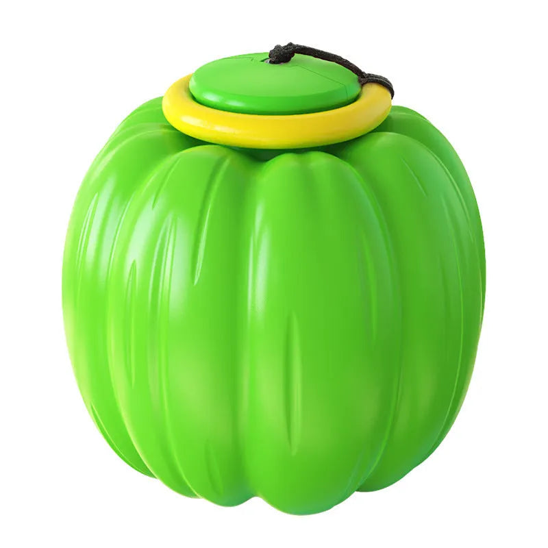Small orange plastic pumpkin dog ball with squeaker for puppy chewing and training